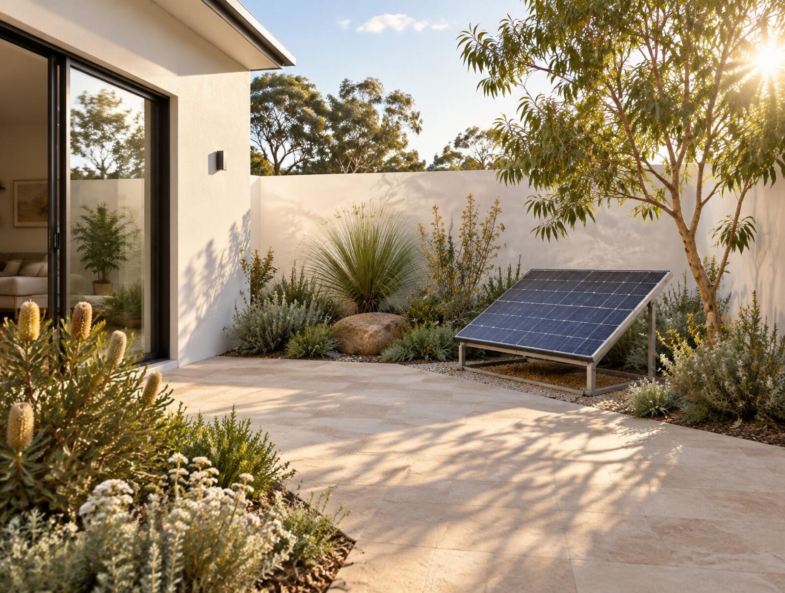 Compact solar panel on a low frame in a sunny Australian courtyard garden