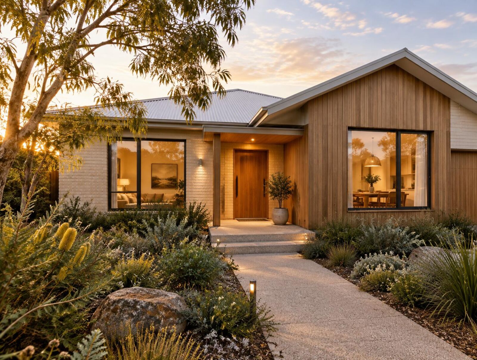 Welcoming contemporary Australian home with timber cladding and a native garden at dusk